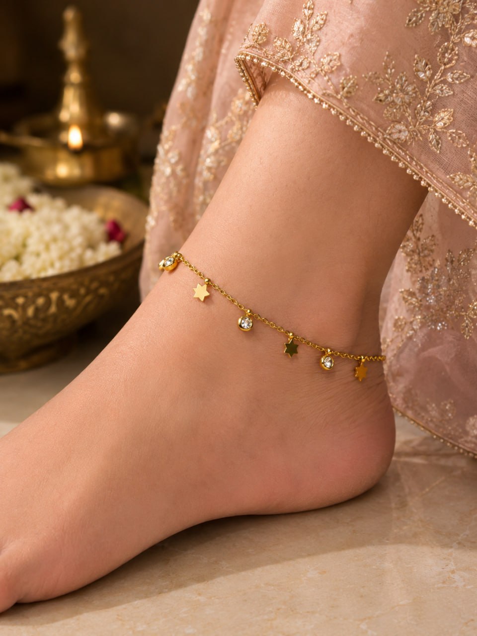 Anti Tarnish Star Anklet Premium Adjustable Anklet for Traditional Wear 2 Anti Tarnish Star Anklet with premium gold-plated finish for women