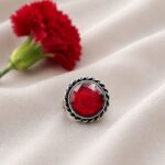 Adjustable Round Ring Oxidized Silver Adjustable Ring for Women - "Red"
