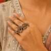 Oxidized Om Ring with adjustable silver finish for women