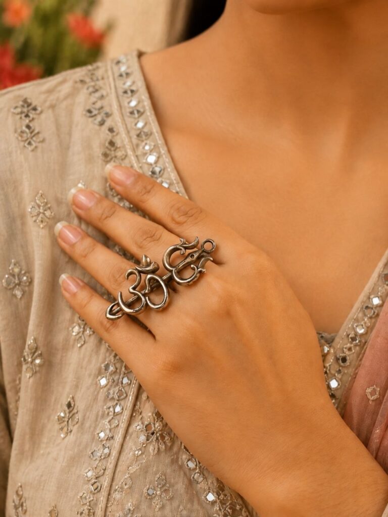 Oxidized Om Ring Adjustable Traditional Silver Ring for Women