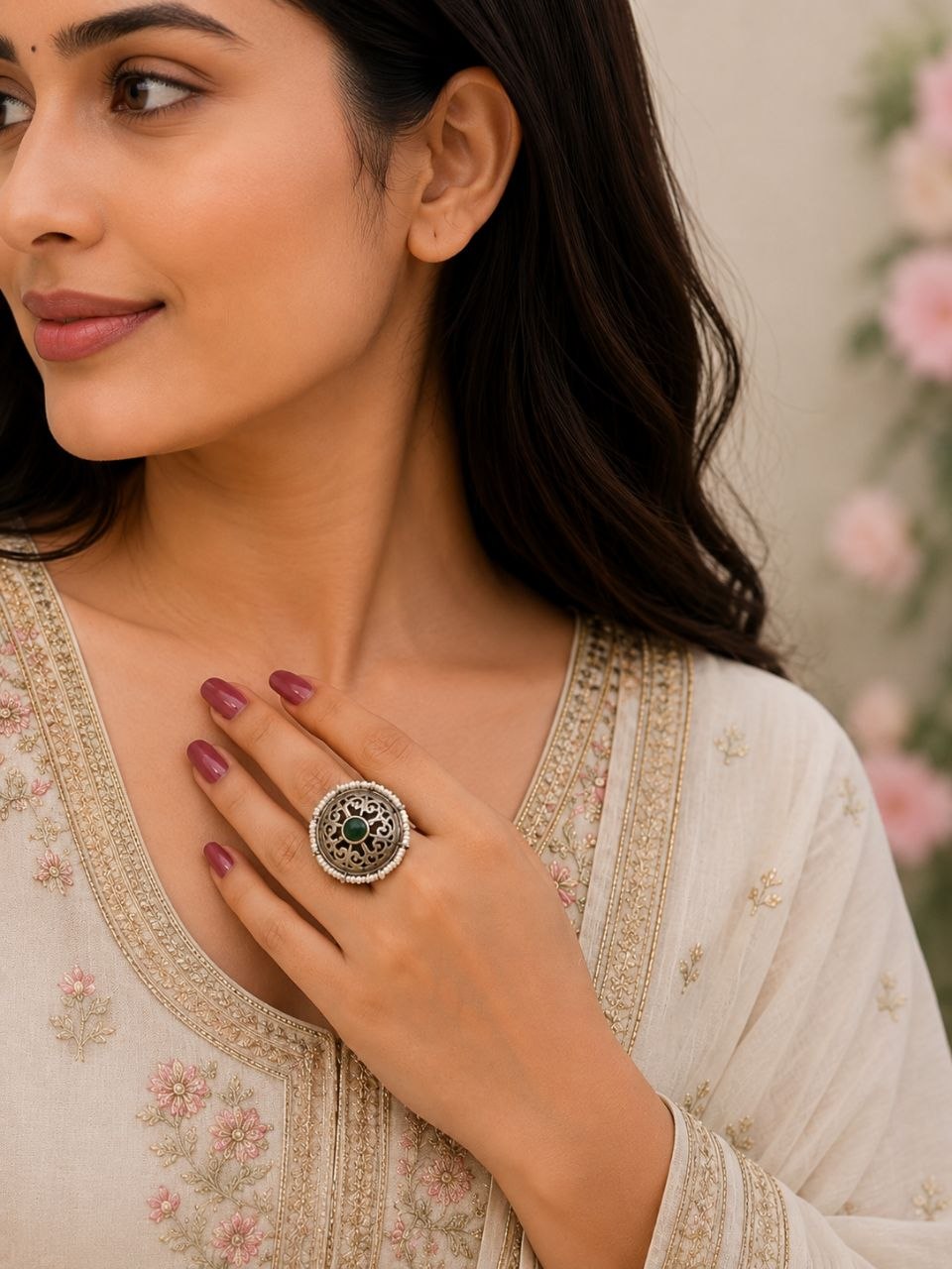 Silver Flower Ring Adjustable Floral Ring for Traditional Wear 1 Silver Flower Ring with elegant floral design for women