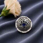 Silver Flower Ring Adjustable Floral Ring for Traditional Wear - Blue