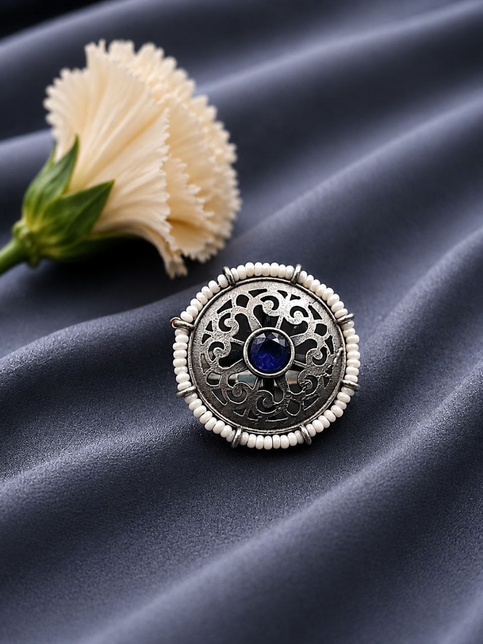 Silver Flower Ring Adjustable Floral Ring for Traditional Wear 7 Silver Flower Ring with elegant floral design for women