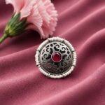 Silver Flower Ring Adjustable Floral Ring for Traditional Wear - "Red"