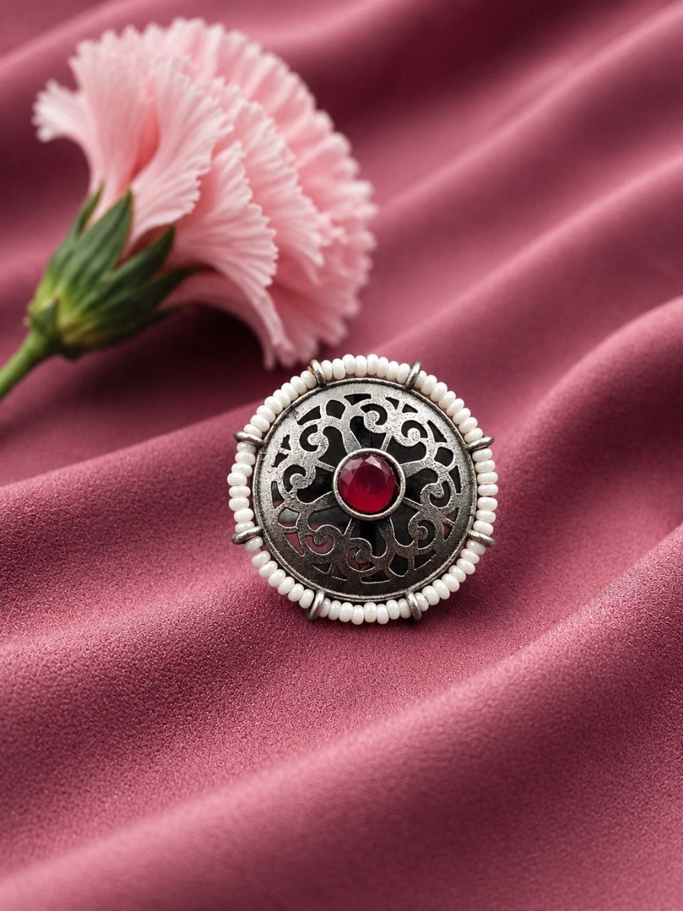 Silver Flower Ring Adjustable Floral Ring for Traditional Wear 4 Silver Flower Ring with elegant floral design for women