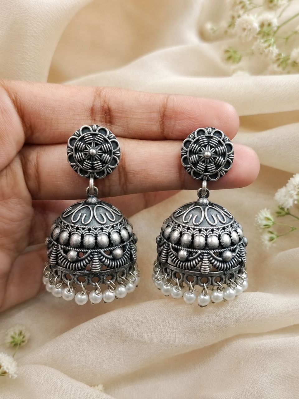 Elegant Flower Jhumka Oxidized Silver Jhumka Earrings for Pearl Work Detailing 3 Elegant Flower Jhumka with oxidized silver floral design for women
