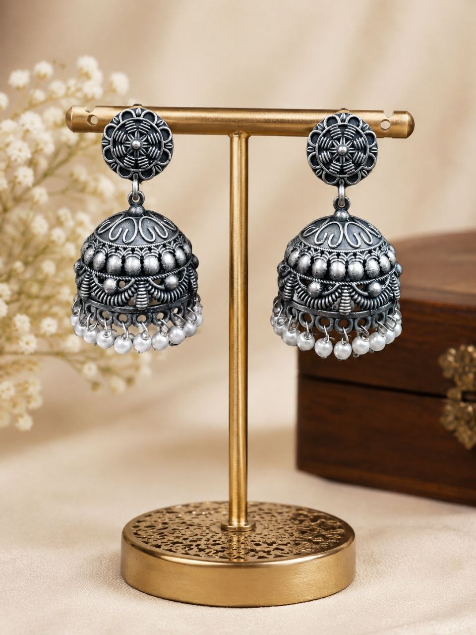 Elegant Flower Jhumka Oxidized Silver Jhumka Earrings for Pearl Work Detailing 2 Elegant Flower Jhumka with oxidized silver floral design for women