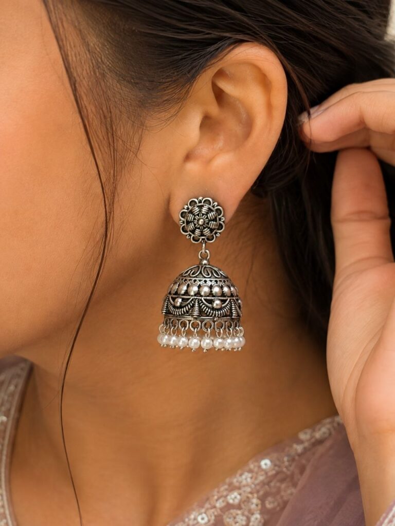 Elegant Flower Jhumka Oxidized Silver Jhumka Earrings for Pearl Work Detailing