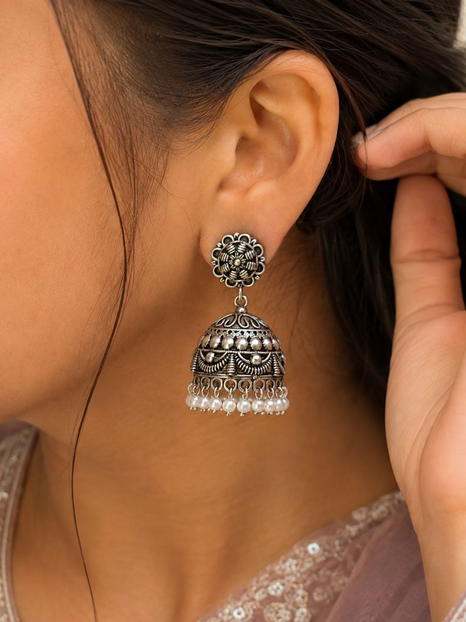 Elegant Flower Jhumka Oxidized Silver Jhumka Earrings for Pearl Work Detailing 1 Elegant Flower Jhumka with oxidized silver floral design for women