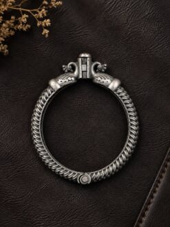 Oxidized Peacock Kada with traditional silver peacock design for women
