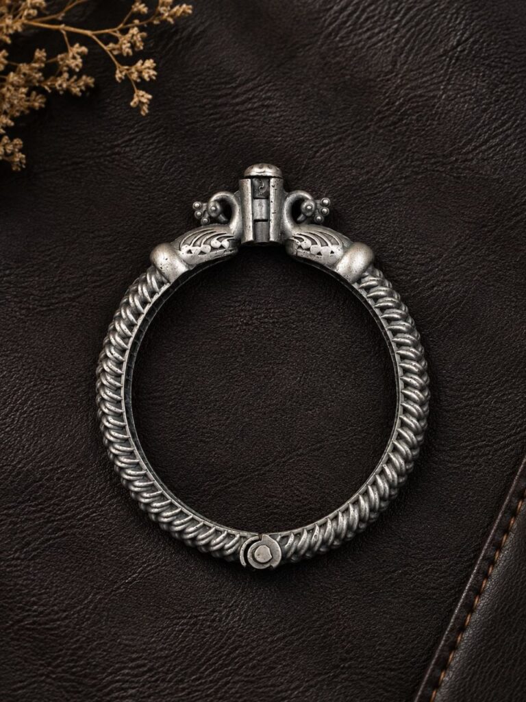 Oxidized Peacock Kada Traditional Silver Peacock Bangle for Women