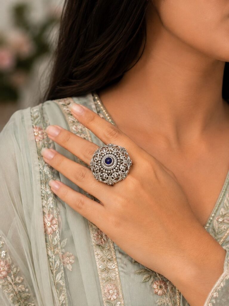 Designer Oxidised Floral Ring – Attractive Traditional Jewelry for Elegant Everyday Styling