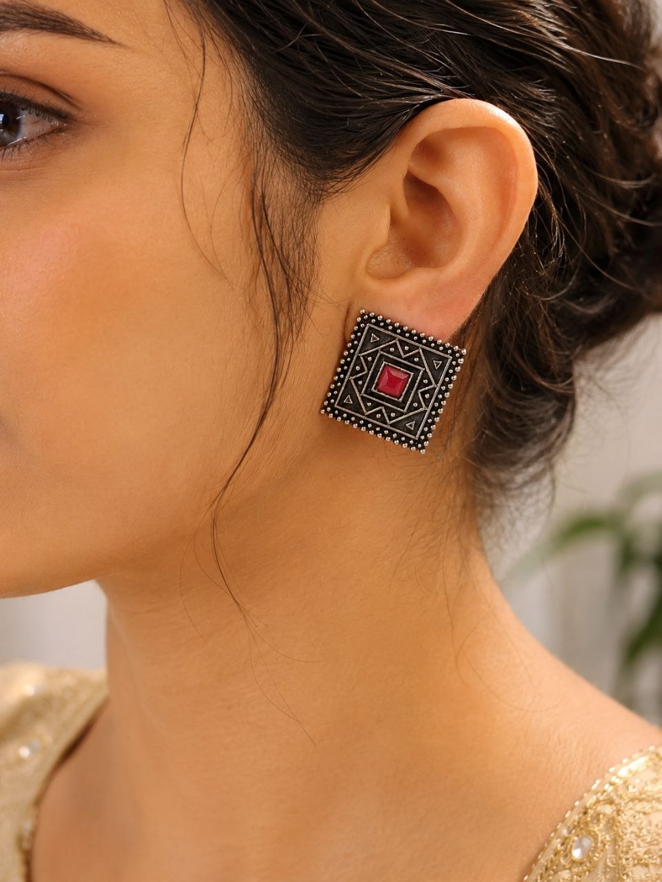 Antique Oxidised Square Stud – Stunning Earrings for Elegant Modern Traditional Looks## 1 Antique Oxidised Square Stud geometric brass earrings with premium antique finish##
