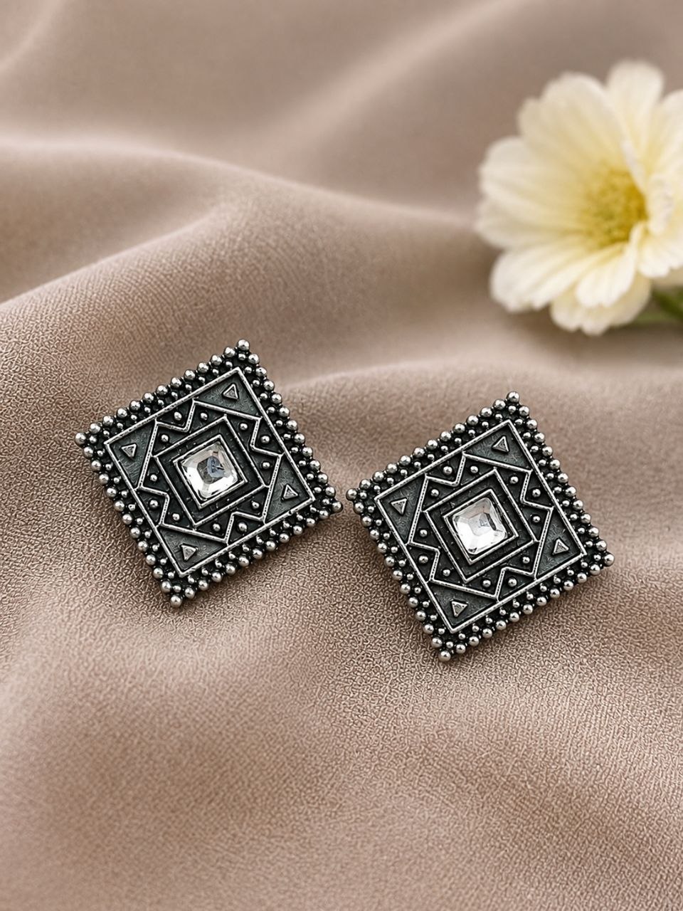 Antique Oxidised Square Stud – Stunning Earrings for Elegant Modern Traditional Looks## 5 Antique Oxidised Square Stud geometric brass earrings with premium antique finish##