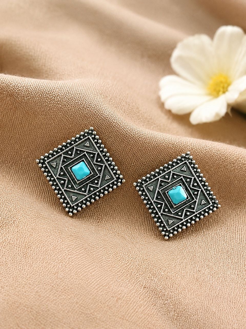 Antique Oxidised Square Stud – Stunning Earrings for Elegant Modern Traditional Looks## 3 Antique Oxidised Square Stud geometric brass earrings with premium antique finish##