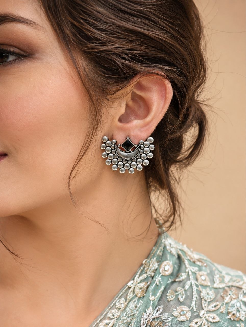 Oxidized Silver Moon Earring – Elegant Celestial Design for Stylish Traditional Looks 1 Oxidized Silver Moon Earring elegant celestial oxidized jewelry for women