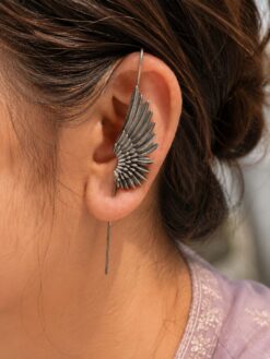 Oxidized Feather Earcuff with elegant antique-inspired brass feather design