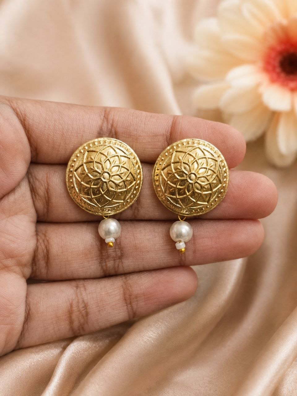 Golden Flower Art Stud Earring – Elegant Design for Beautiful Everyday Styling 2 Golden Flower Art Stud Earring elegant floral golden brass jewelry for women