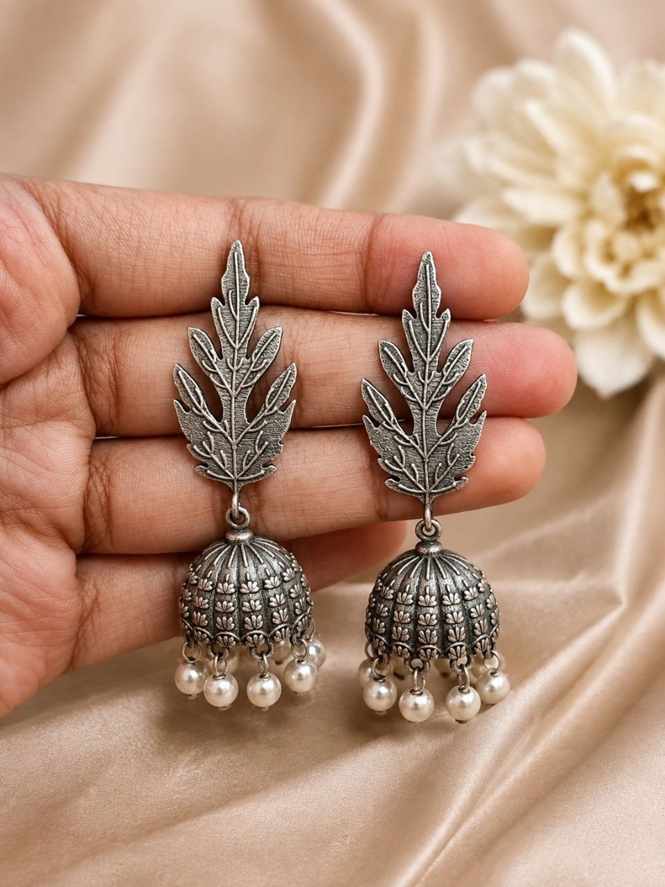 Leaf Jhumka Earring – Traditional Design for Festive and Special Occasion 2 Leaf Jhumka Earring traditional leaf design brass jewelry with elegant premium polish