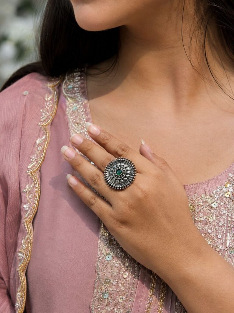 Oxidized Silver Ring for an Flower and Unique Traditional Look