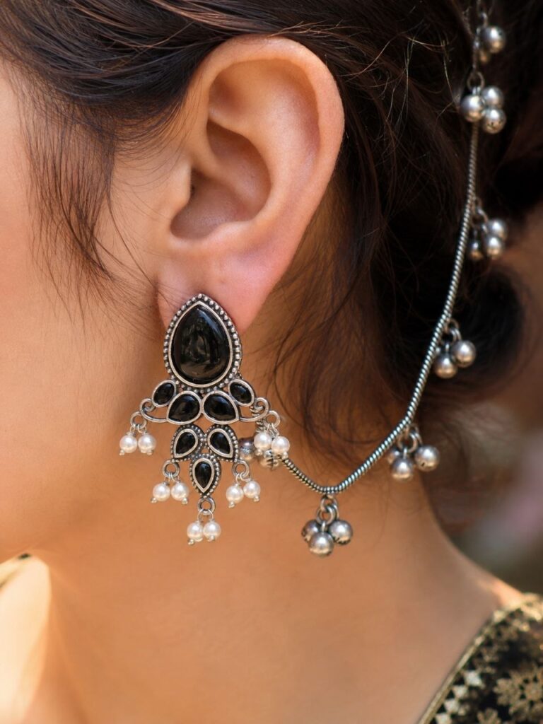 Unique Oxidized Earring With Chain Premium Look – Stunning Ethnic Jewelry