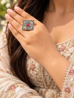 Oxidized Square Ring with geometric antique brass jewelry design