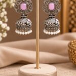 Oxidized Silver Jhumka Earring – Dazzling Traditional Jewelry for Every Occasion - ''BabyPink''