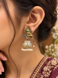 Two Tone Peacock Jhumka Earring with elegant peacock design and premium brass finish