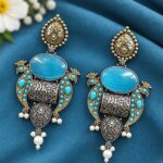 Unique Two Tone Peacock Earring for Dazzling Traditional Fashion - "Aqua"