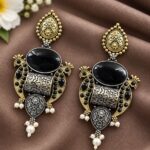 Unique Two Tone Peacock Earring for Dazzling Traditional Fashion - "Black"