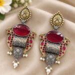 Unique Two Tone Peacock Earring for Dazzling Traditional Fashion - "Red"