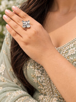 Oxidized Silver Flower Ring with elegant floral brass jewelry design