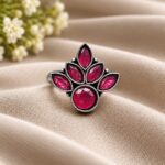 Oxidized Silver Flower Ring – Stunning Design for Ethnic Look - "Red"