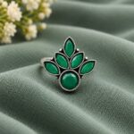 Oxidized Silver Flower Ring – Stunning Design for Ethnic Look - "Green"