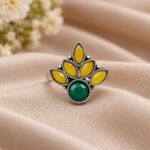 Oxidized Silver Flower Ring – Stunning Design for Ethnic Look - "Yellow-Green"