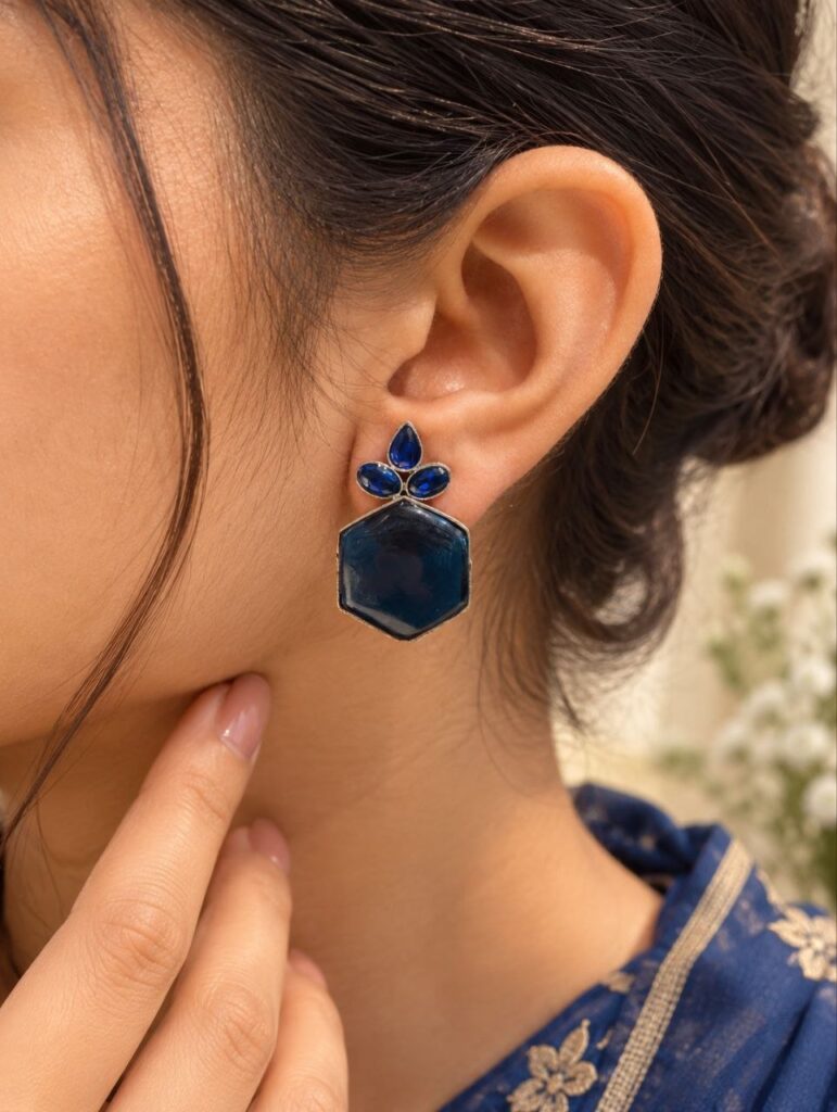 Oxidized Floral Hexagon Earring – Geometric Design for Elegant Ethnic Style