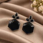 Oxidized Floral Hexagon Earring – Geometric Design for Elegant Ethnic Style - "Black"