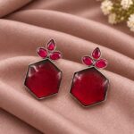 Oxidized Floral Hexagon Earring – Geometric Design for Elegant Ethnic Style - "Red"