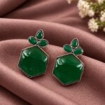 Oxidized Floral Hexagon Earring – Geometric Design for Elegant Ethnic Style - "Green"