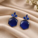 Oxidized Floral Hexagon Earring – Geometric Design for Elegant Ethnic Style - Blue
