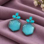 Oxidized Floral Hexagon Earring – Geometric Design for Elegant Ethnic Style - "Aqua"