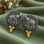 Oxidized Elephant Stud Earring for Elegant Ethnic and Special Occasion - "Yellow"