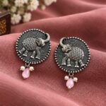 Oxidized Elephant Stud Earring for Elegant Ethnic and Special Occasion - ''BabyPink''