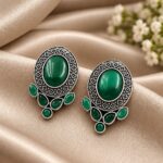 Elegant Oxidized Silver Round Stud Earring for Stylish and Ethnic Looks - "Green"