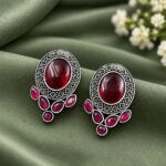 Elegant Oxidized Silver Round Stud Earring for Stylish and Ethnic Looks - "Red"