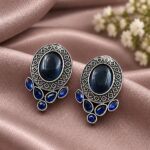 Elegant Oxidized Silver Round Stud Earring for Stylish and Ethnic Looks - Blue