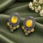 Elegant Oxidized Silver Round Stud Earring for Stylish and Ethnic Looks - "Yellow"