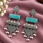 Oxidized Dangler Floral Earring – Gorgeous Traditional Design for Ethnic Look - "Aqua"