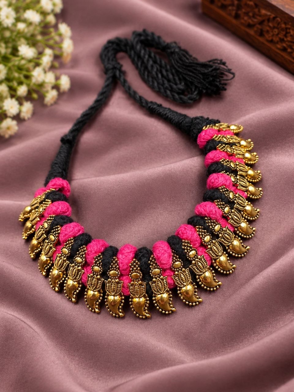 Gold Plated Lotus Thread Necklace – Exquisite Elegant Jewelry for Navratri Collection 3 Gold Plated Lotus Thread Necklace with elegant lotus floral detailing for women