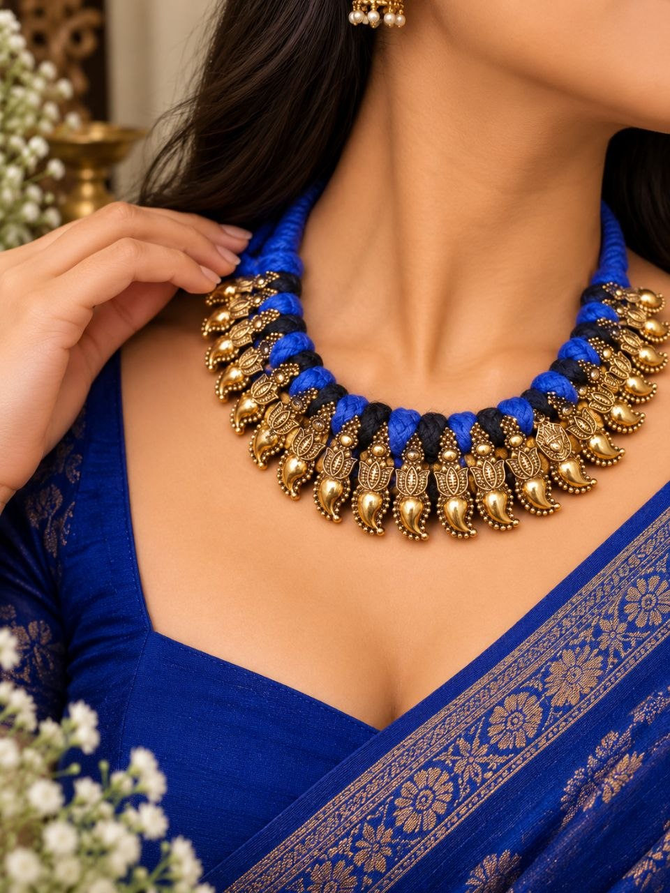 Gold Plated Lotus Thread Necklace – Exquisite Elegant Jewelry for Navratri Collection 1 Gold Plated Lotus Thread Necklace with elegant lotus floral detailing for women